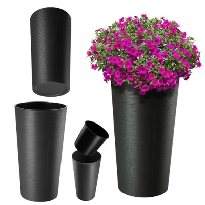 Bild av KADAX blomkruka med träspån, elegant ytterkruka avtagbar insats, för kontor, blomkruka, trädgårdsskål (svart, ⌀ 25,5 cm)