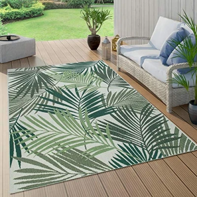 Bild av Paco Home Matta För Inomhus Och Utomhus Terrass Balkong Kök Palmmönster Djungel Blommor Boho Grön, Storlek:120x170 cm, Färg:Grön