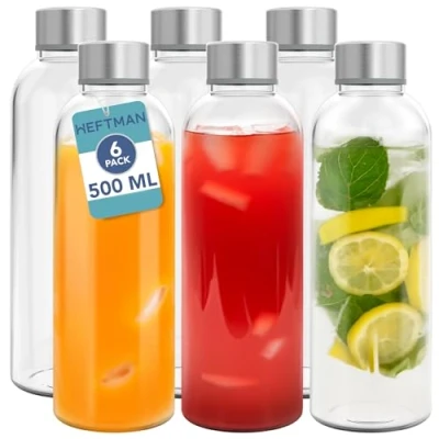Bild av HEFTMAN glasflaskor med lock 6 pack 500 ml tomma lufttäta, läckagesäkra i rostfritt stål vatten, smoothies, juiceflaskor och rengöringsborste för arbete, gym, hem