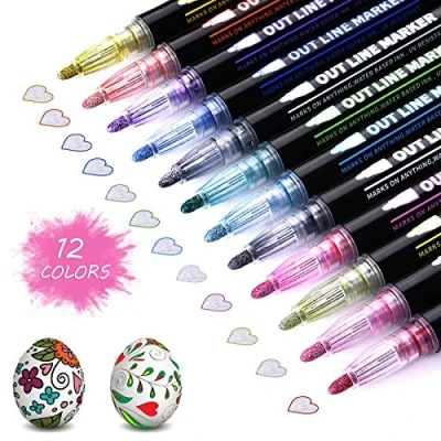 Bild av Vicloon Konturpennor med dubbla spetsar, 12 färger, metalliska märkpennor, glittriga konturpennor, ritpennor för presentkort, skrivning, födelsedagshälsningar, scrapbooking, målning, pyssel, konsthantverk