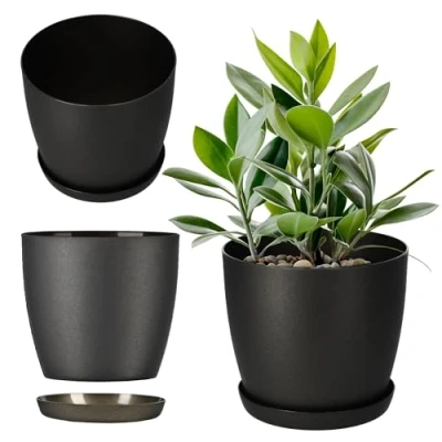 Bild av KADAX blomkruka, växtkruka med underlägg, rund blomkruka av plast, matta för kaktusar, ormbunkar, glänsande ytterkruka balkong, lägenhet och terrass (⌀ 16 cm, antracit)