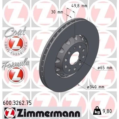 Bild av ZIMMERMANN bromsskiva VOLKSWAGEN: T Roc 340mm 30mm 10/5 5 hål 112mm ventilerad invändigt, tvådelad belagd legerad/karboniserad 600.3262.75