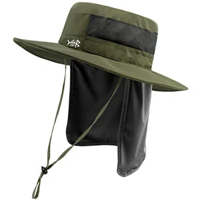 Bild av BASSDASH Solhatt fiskarhatt Bucket hatt UPF 50+ UV skydd vattentät taktisk fiskehatt med brett brätte justerbar Storlek avtagbar halsflik för män och kvinnor, Armégrön, En