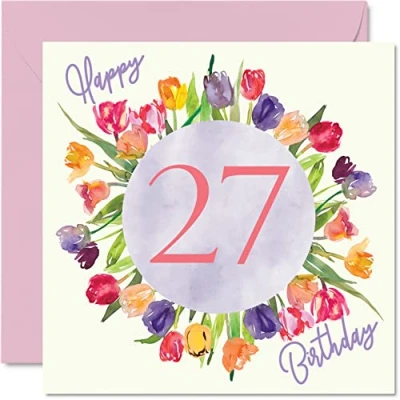 Bild av Vackra 27 års födelsedagskort för kvinnor akvarell tulpaner blommor bukett grattis på hennes dotter moster syster vän födelsedagspresenter, 145 mm x härliga blommiga gratulationskort present
