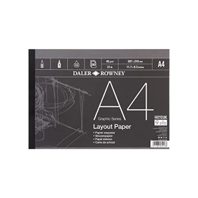 Bild av Daler Rowney Graphic Series, layoutpappersblock, 45 g/m², DIN A4, klistras på ena sidan, 80 x vita blad, perfekt för professionella konstnärer och studenter