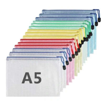 Bild av 15 stycken dokumentfickor med dragkedja A5, vattentätt färgglatt dokumentfodral, filväska plast för dokument, kvitton, papper, skola, testblad, kosmetika, resor (5 färger)