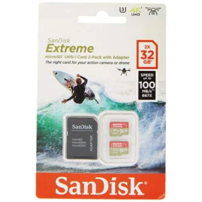Bild av SanDisk Extreme 32 GB microSDhC Memory Card for Action Cameras and Drones with A1 App Performance up to 100 MB/s, Class 10, U3, V30 Twin Pack