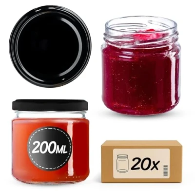 Bild av Kadax små glasburkar 200 ml, syltburkar, fi66 mm, miniglas för honung och kryddor, lufttäta burkar, konserveringsglas, konserveringsburkar, runda glas (20 stycken, svart)