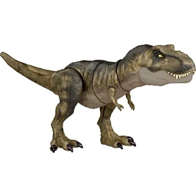 Bild av Mattel Jurassic World: Dominion Thrash ‘N Devour Tyrannosaurus Rex dinosaurieactionfigur, 53,3cm lång med ljud, action tuggande och piskande, fysisk digital lek, barn från 4år HDY56