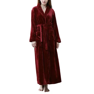 Bild av Kinloy Dam fluffig fleece mjuk och mysig morgonrock bekväm lång husrock frotté handduk rock lätt lurvig lyxig full längd badrock nattkläder, Röd, XL
