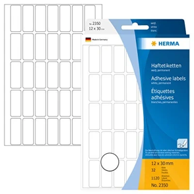 Bild av HERMA 2350 multifunktionsetiketter mini (12 x 30 mm, 32 ark, papper, matt) självhäftande, permanenta hushållsetiketter för handskriven märkning, 1 120 klistermärken, vit