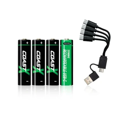 Bild av Coast AA USB C batterier, ZITHION X, litiumjoner 1,5 V 2 400 mAh, hållbar, laddar på max 2,5 timmar, över 1 000 laddningscykler, laddningskabel ingår, 4 pack