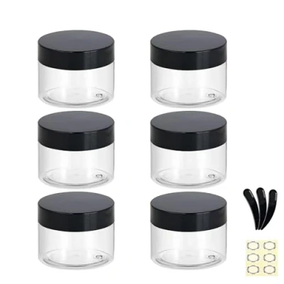 Bild av Apstaqeoo 6 st 100 ml tomma plastburkar med svarta lock, genomskinliga runda ansiktskrämburkar kosmetiska behållare reseförvaringsburk inre foder för kroppsskrub/lotion/pulver/salvor/prov/smink