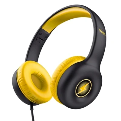 Bild av Trust Nouna barnhörlurar kabelanslutna med säker volymgräns (85 dB) för pojkar och barn ålder 4 10, hopfällbart headset på örat inbyggd mikrofon, 3,5 mm anslutning, klistermärken ingår svart