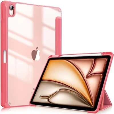 Bild av Fintie Hybridfodral för iPad Air 11 tum, 6,/5/4. Generation (2024/2022/2020) 10,9 tum med pennhållare stötsäkert skyddsfodral transparent hårt skal på baksidan, rosa