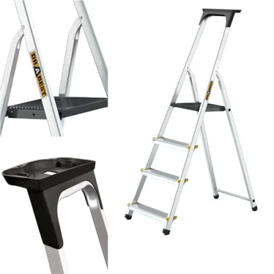 Bild av Drabest STEGAR I PRO SERIEN Aluminiumtrappstege 4 Stegs Hushållsstege 150kg med Halkfria Fötter &amp; Arbetsstegeplattform Multifunktionsstegar 43 X 145 12 Cm