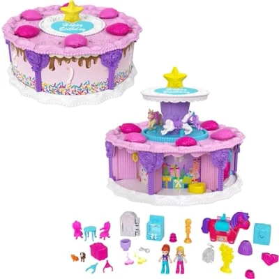 Bild av Polly Pocket GYW06 Birthday Countdown, lekset i form av en födelsedagstårta med tårtlåda, 7 lekområden, 25 överraskningar, Ålder 4+