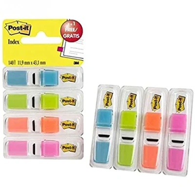 Bild av Post it Index Mini, 11,9 x 43,2 mm, 3 35 självhäftande remsor i dispensern, färg: limegrön, orange, rosa, turkos för att lyfta fram viktig information