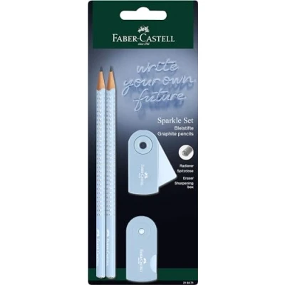 Bild av FABER CASTELL 218471 blyertspennor set sparkle, med pennvässare, suddgummi och 2 pennor, skrivset ärm i himmelsblå