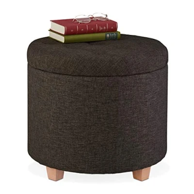 Bild av Relaxdays Sittpall med förvaringsutrymme, vadderad pall rund, för vardagsrum, linnelook, H x D: 41 44 cm, brun