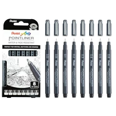 Bild av Pentel Pointliner Pigment Liner teknisk ritning fineliner penna S20P 0,03 mm, 0,05 0,1 0,2 0,3 0,4 0,5 0,8 mm svart bläck 8 pack
