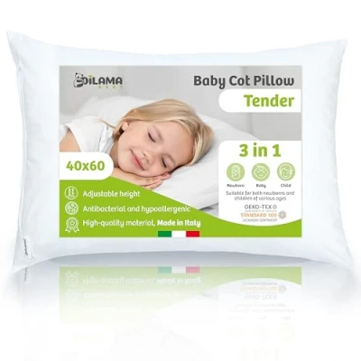 Bild av Dilamababy Höjdjusterbar barnsäng 40 x 60 cm Barnkudde med örngott av 100 % bomull Percale mot kvalster Perfekt för barn 2 3 4 år Tillverkad i Italien
