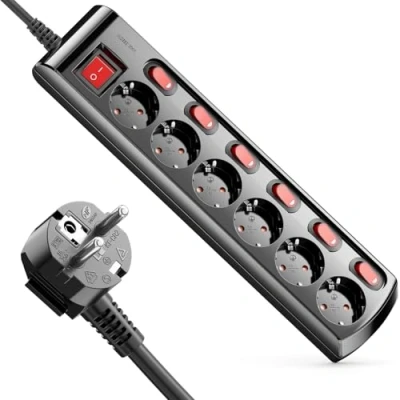 Bild av deleyCON Strömavtagare med 6 Fack Individuellt Omkopplingsbar 3,0m Kabel (6x På/Av Strömbrytare och 1x Huvudströmbrytare) Strömförsörjning Grenuttag Uttag för Flera Svart