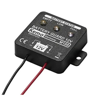 Bild av Kemo M188 batterivakt 12 V. 5 stegs display. 3 lysdioder. Förhindrar djup urladdning. Låg strömförbrukning på mindre än 4,9 mA