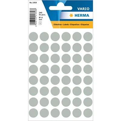 Bild av HERMA 1858 multifunktionsetiketter/runda färgade prickar (Ø 13 mm, 5 ark, papper, matt) självhäftande, permanenta märkningspunkter för handskriven märkning, 240 klistermärken, grå