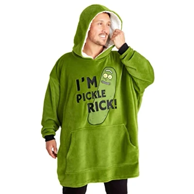 Bild av Rick &amp; Morty Luvtröja filt för män Tonåringar Fleece Oversized Poncho One Size Sherpa Huva Presenter till honom (grön)