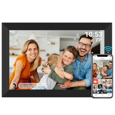 Bild av digital fotoram, WiFi 10,1 tums bildram, 1280 x 800 IPS LCD pekskärm, inbyggt 32 GB minne automatisk rotat, dela ögonblick direkt via Frameo appen från var som helst, svart