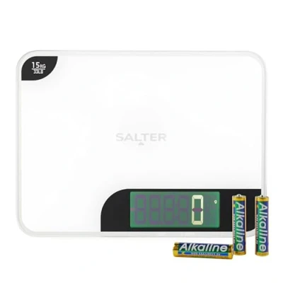 Bild av Salter 1079 WHDR Max digital köksvåg elektronisk bakskala, 15 kg kapacitet, matskala, hacka och väga ingredienser, mäter vätskor, lägg till tarafunktion, XL glasplattform, LED display
