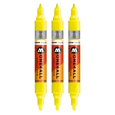 Bild av Molotow One4All Acrylic Twin markeringspenna (linjetjocklek 1,5 mm och 4 mm, hög täckning permanent), 3 stycken färg 220 neon gul flouresande