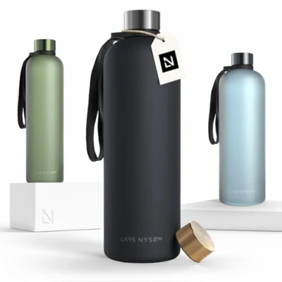 Bild av LARS NYSØM Vattenflaska 1l Ultralätt Tritan Sportflaska läckagesäker, kolsyrad lämplig för sport, kontor, yoga 2 lock ingår (Carbon Black, 1500ml)