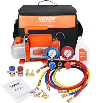 Bild av VEVOR Vakuumpump Luftkonditionering 100 L/min Kylning HVAC 150 W Kit Mätare och slang Gummi Tricolour 1440 rpm Bärväska för R134a R1234yf Bilkylskåp