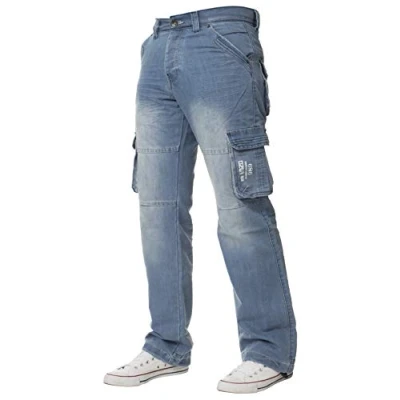 Bild av ENZO Designer Cargo Combat jeans denim byxor alla midjestorlekar, Lätt stengods, 34W x 34L