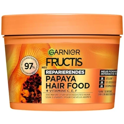 Bild av Garnier Papaya 3 i 1 hårmask för skadat hår, lämnar in intensiv vård och jämnhet, vegansk formel med naturliga ingredienser, frukt hårmat, x 400 ml