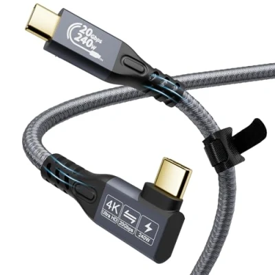 Bild av YIWENTEC USB C kabel till 3.2 hane, hane Gen2 x 2 typ laddningskabel, 20 Gbps dataöverföring, 240 W 48 V/5 A snabbladdningskabel, 4K @ 60Hz videoöverföring (vinkel, 3 m)