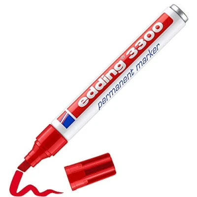 Bild av edding 3 300 permanenta markörer röd 1 märkpenna chiselnib 15 mm snabbtorkande permanent markör vattentät, smudge proof för kartong, plast, trä, metall, tyg märkpennor