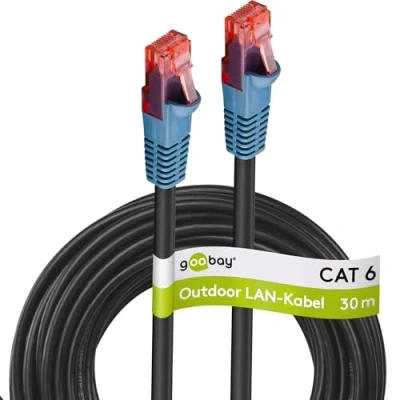 Bild av goobay 94395 utomhus patchkabel CAT 6 kablar/2 fack PE kappa vattentät/RJ45 kontakt ethernet kabel/utomhus nätverkskabel 50 m/svart/LAN kabel m