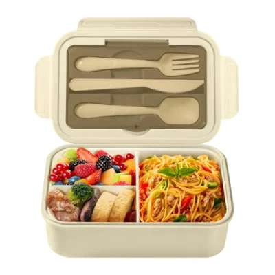 Bild av Diboniur Lunchlåda, 1400 ml lunchlåda med bestick, barn vuxen bentolåda 3 fack, läckagesäker behållare för mikrovågsugn kontor arbete picknick (kaki)