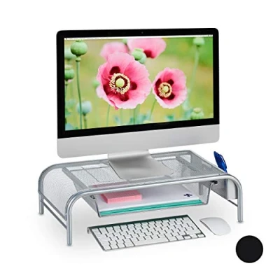 Bild av Relaxdays monitorstativ, låda, 2 sidofack, skärmstativ upp till 29 tum, H x B D: 15 51 29,5 cm, silver