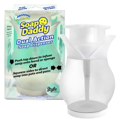 Bild av Scrub Daddy Tvåldispenser Dual Action, påfyllningsbar flaska för kök och badrum, används av fru Hinch