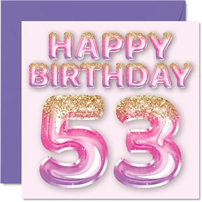 Bild av 53:e födelsedagskort för kvinnor rosa och lila glitterballonger grattis på 53 årig kvinna mamma barnflicka mormor farmor moster, 145 mm x femtiotre femtiotredje födelsedag gratulationskort present