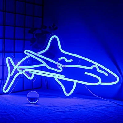 Bild av Ineonlife Haj, LED neonskylt för sovrum, blå neonskyltar, väggdekoration, 43 cm x 23 (17 9 tum), akryl, USB driven unik nattlampa pojkar, gåvor, vardagsrum, butik, hotell, bar, festtillbehör