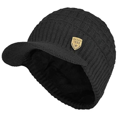 Bild av Yixda Vintermössa för män med skärm, varm stickad beanie keps fleecefoder, svart, En Storlek