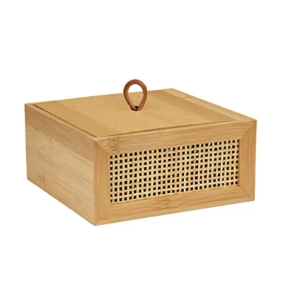 Bild av WENKO Badrumslåda Allegre M, dekorativ låda med lock i trendig boho stil av högkvalitativ bambu och rottingfläta, för förvaring badrumstillbehör eller tillbehör, 15 x 7 cm, natur
