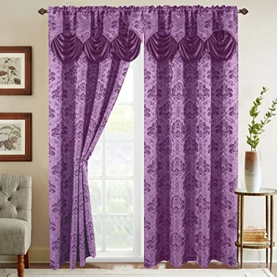 Bild av Elegant bekväm jacquard look gardinpanel set med bifogad vattenfallskrans, (set 2), 137 x 213 cm, lila/lila