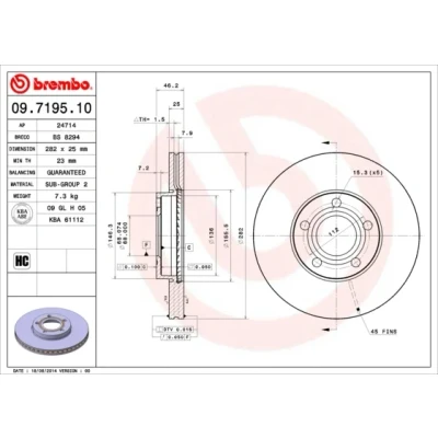 Bild av BREMBO 09.7195.10 Disque de frein 282 25 5 ventilé l&#039;intérieur VOLKSWAGEN: Passat B5 Berline, Break
