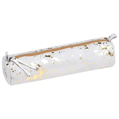 Bild av Clairefontaine 400059C Trousse Scolaire Ronde motif Tâches d&#039;encre Dorées Ø5,5x22 cm en Véritable Cuir d&#039;Agneau/Daim I Fourniture Crayons de Couleurs Etui à
